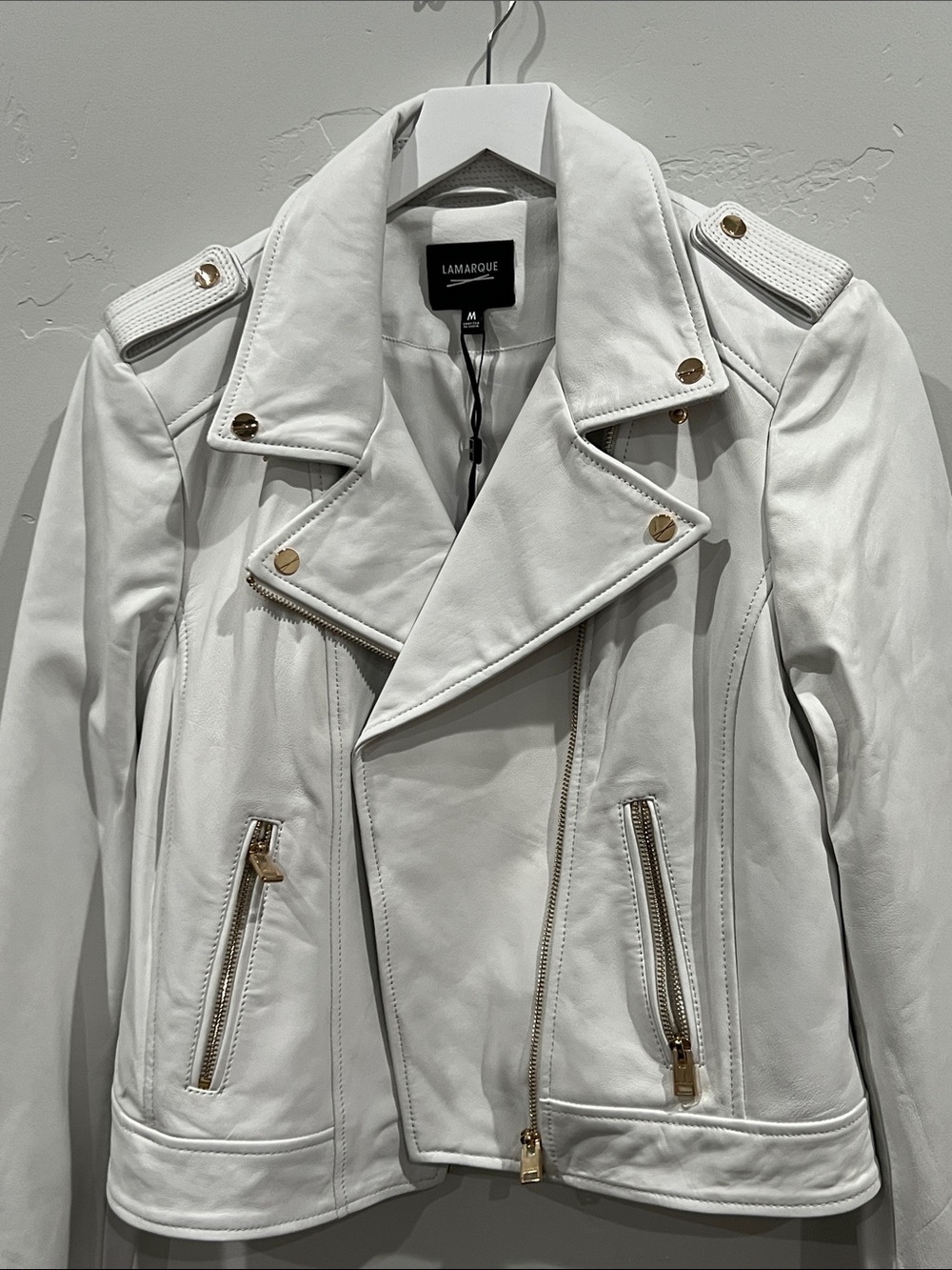 Lamarque- Donna 21 White Leather Jacket with Gold Hardware. Size Medium, NWT.